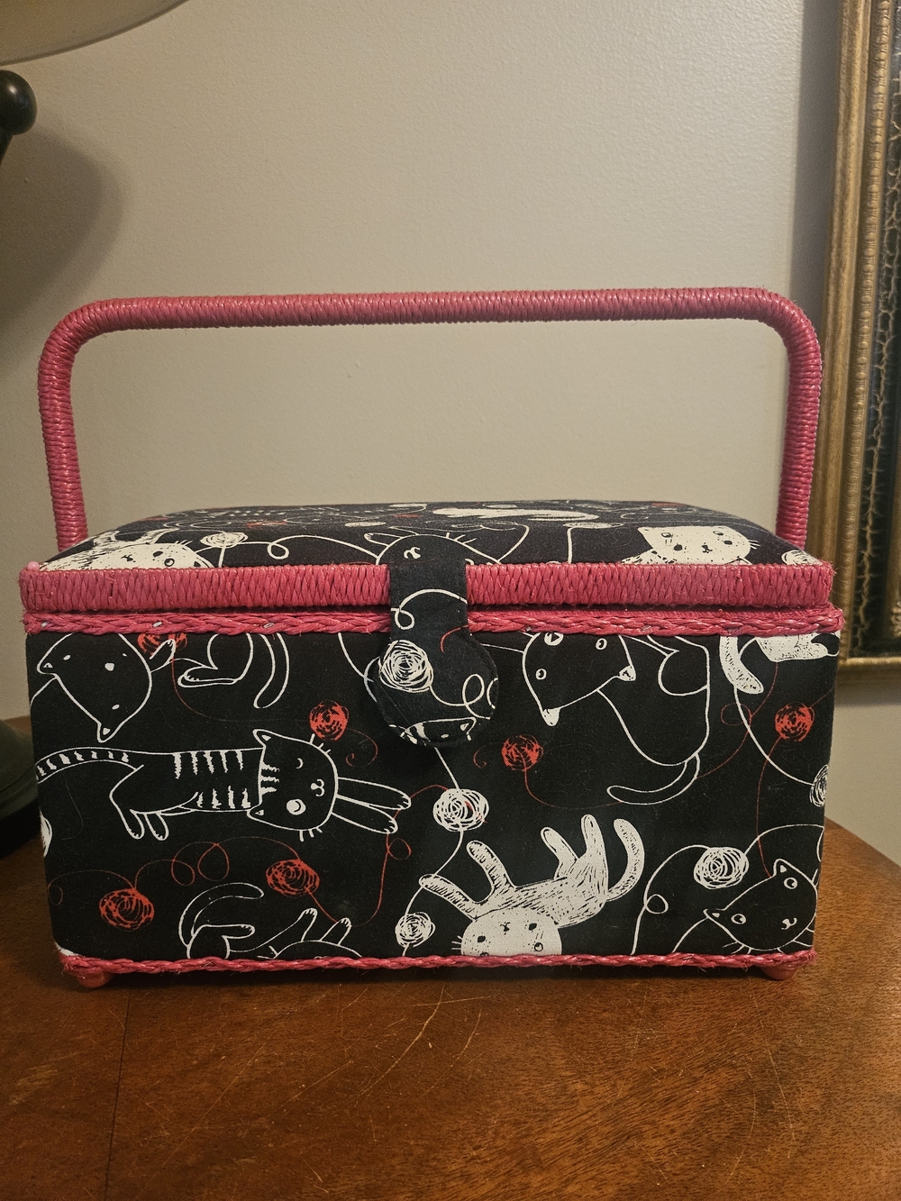 Sewing Basket with Pink Trim and Cat Print